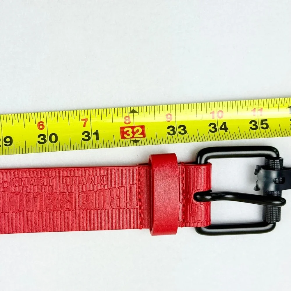 True Religion Mens Red Belt Textured Logo Roller Buckle Faux Leather Size 28 NWT